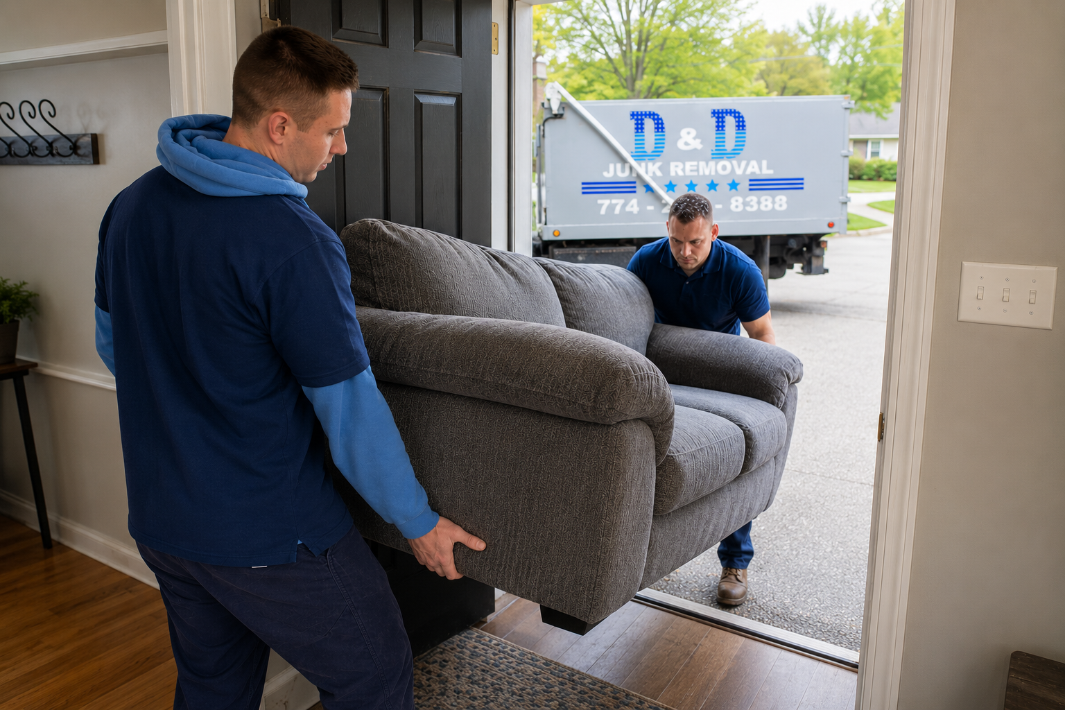 D&D Junk Removal crew carrying a couch out of a Worcester County home