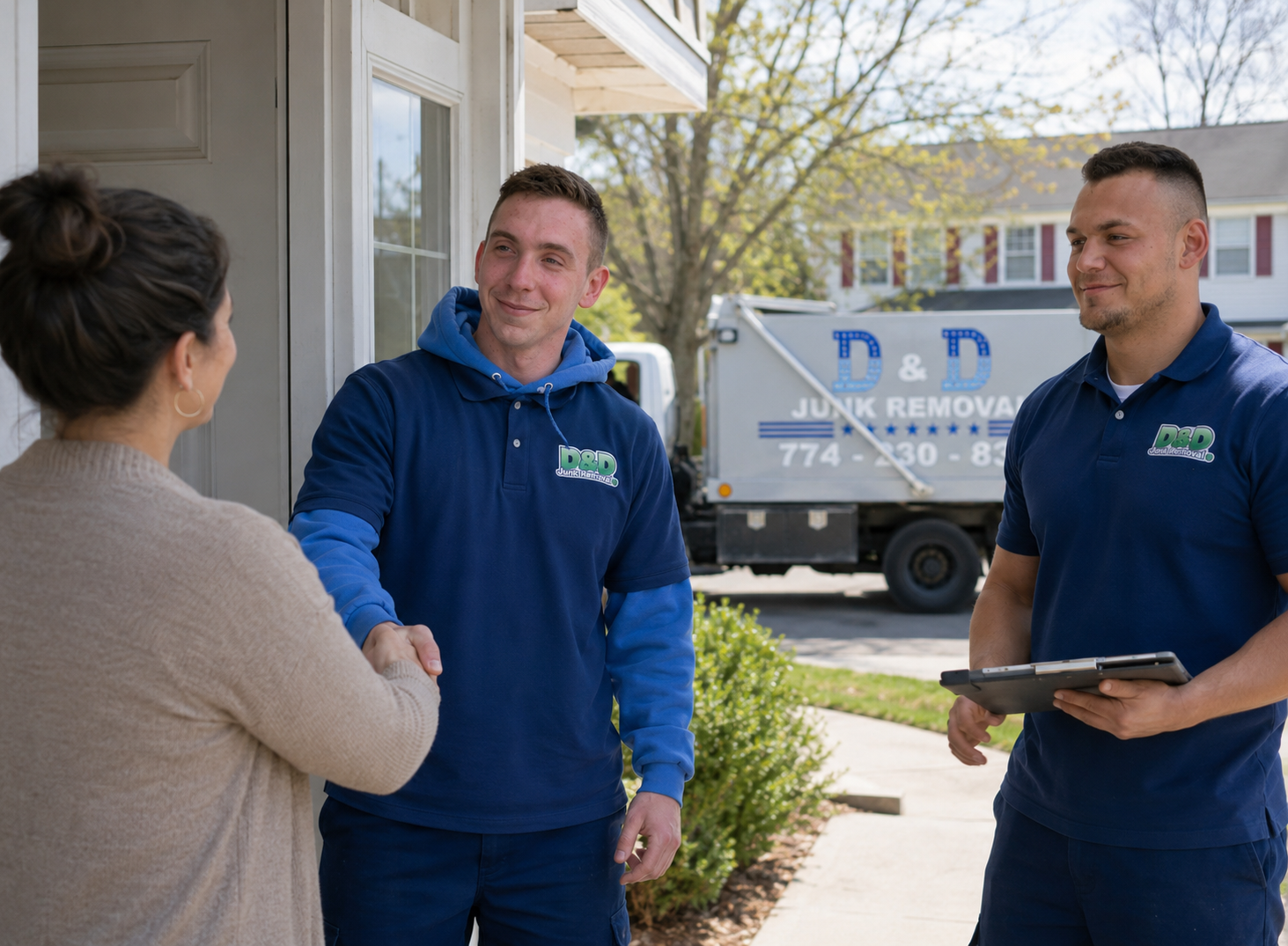 D&D Junk Removal crew member shaking hands with a happy customer